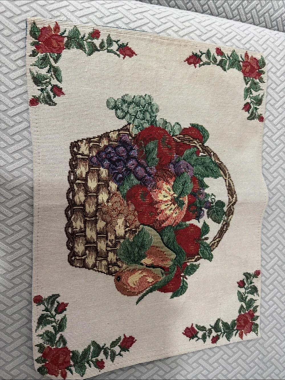 Vintage Tapestry Fruit Basket Embroidered Table Runner and 2 Placemats 70” Long